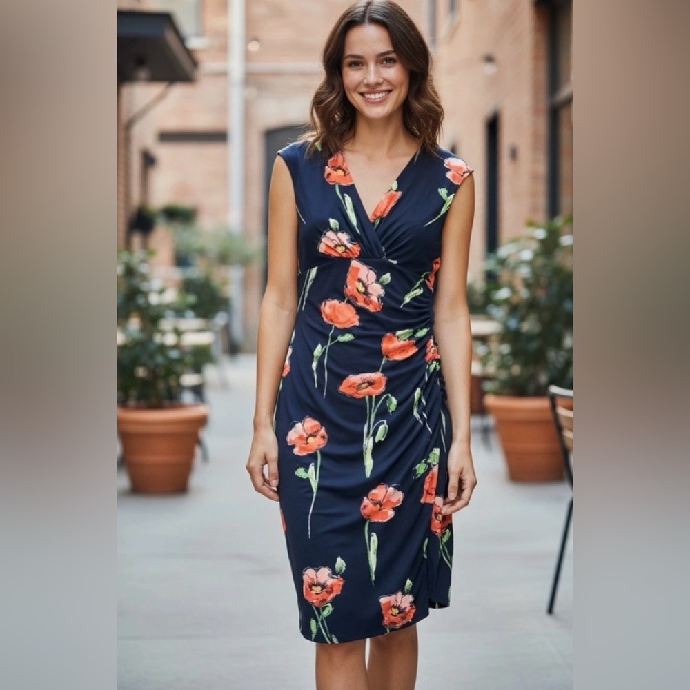 Ralph Lauren Navy faux wrap Floral poppies Midi Dress size 16 stretch
